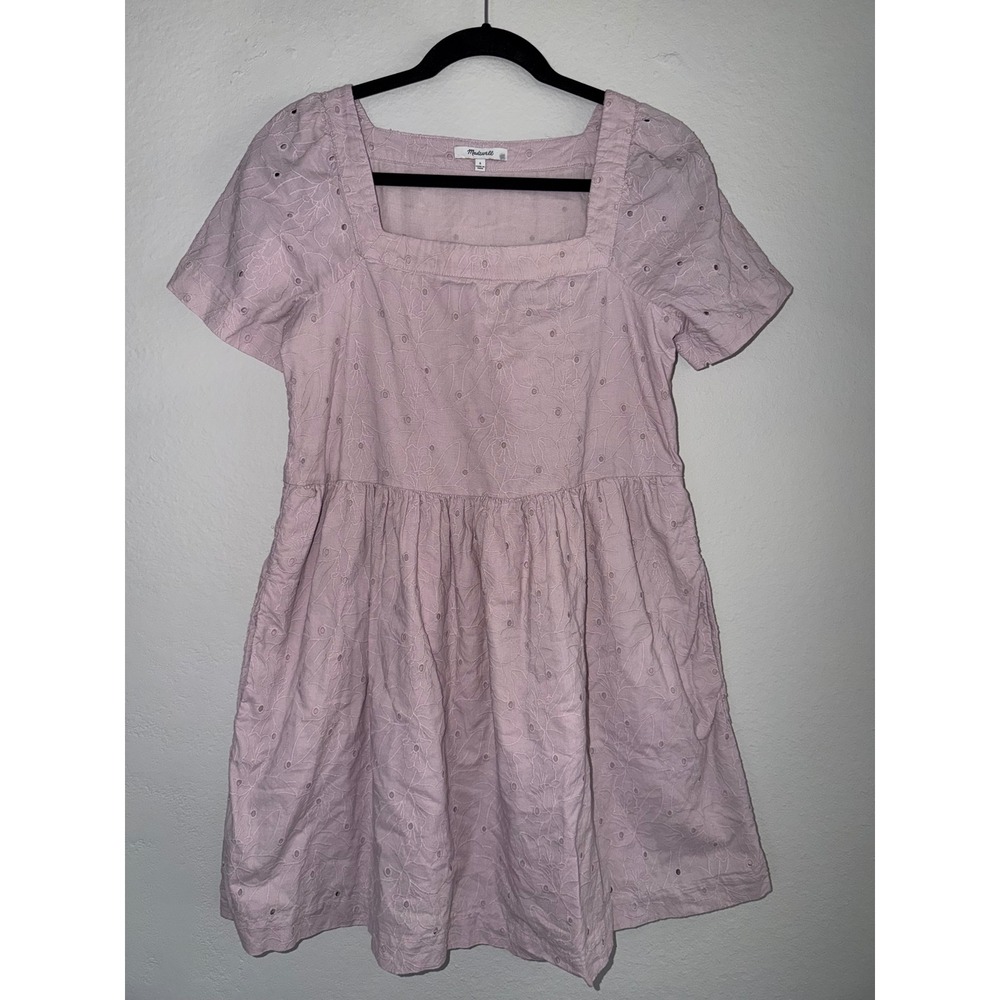 Madewell Eyelet Mini Dress Pink Lilac Square Neck Short Sleeve Cotton Small